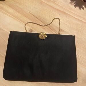 Vintage 60s Ingber Classic Black Evening satin Clutch with Gold Flower Accent